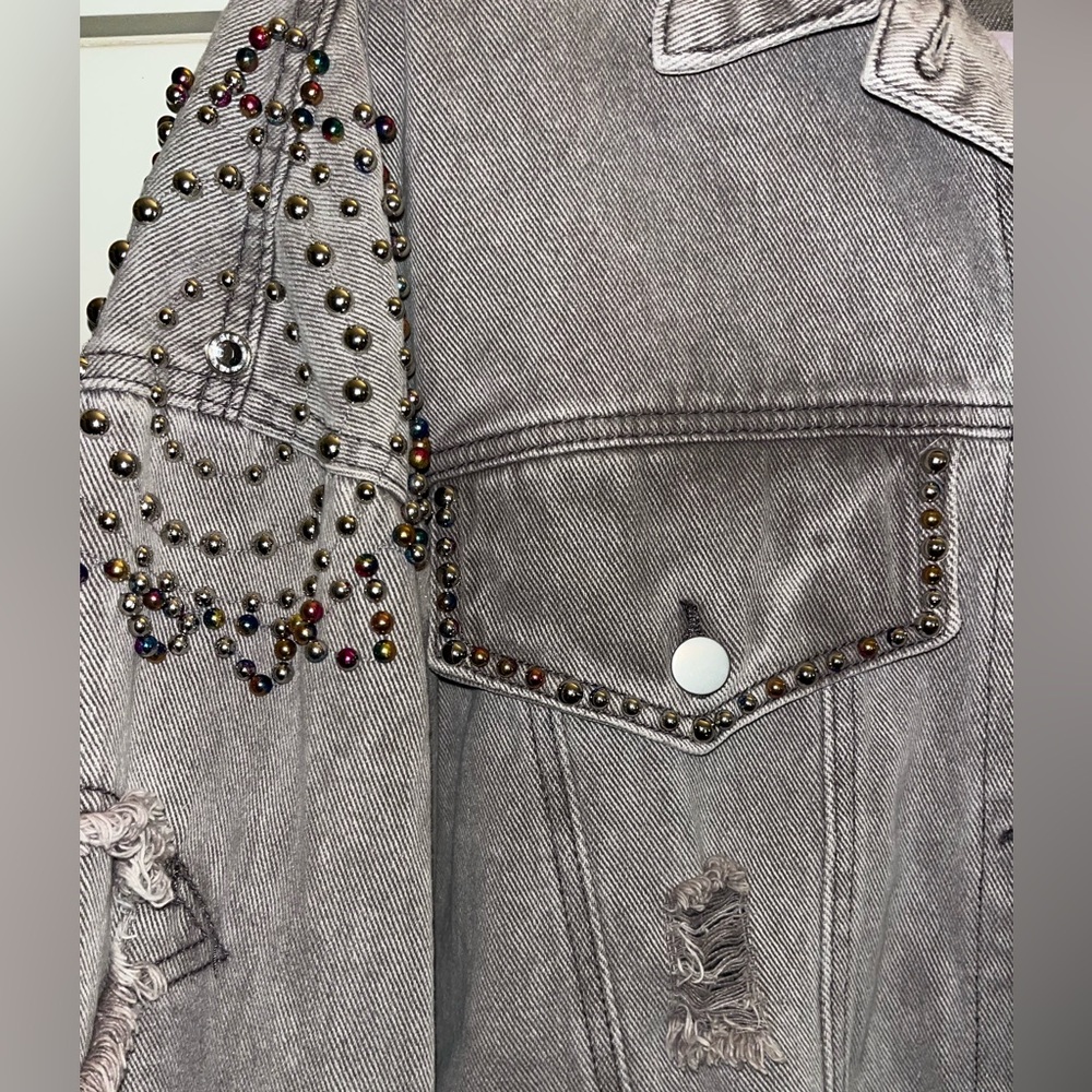 POL Gray denim jacket with awesome silver and rainbow studded embellishment - Picture 3 of 8